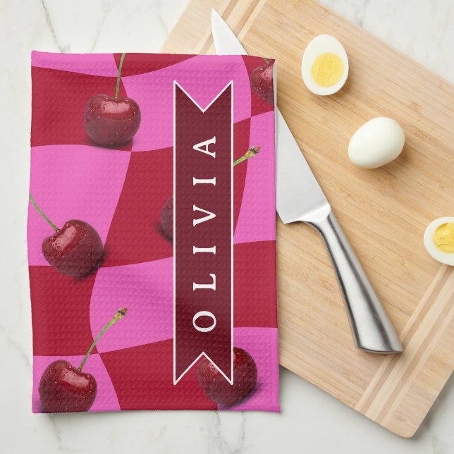 Personalized Cherry Gingham Retro Custom Name Tea Towel (Quarter Fold)
