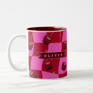 Personalized Cherry Gingham Retro Custom Name Two-Tone Coffee Mug
