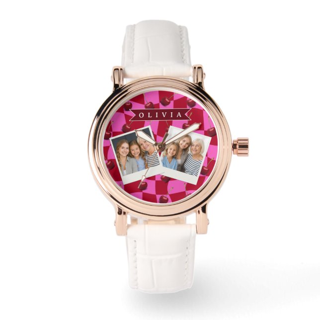 Personalized Cherry Gingham Retro Custom Name Watch (Front)