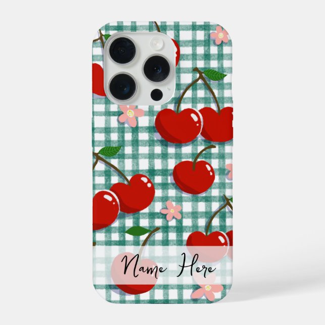 Personalized Cherry on Green Gingham Phone Case –  (Back)