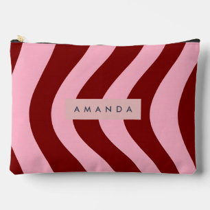 Personalized Cherry Red and Pink Wavy Stripe Accessory Pouch