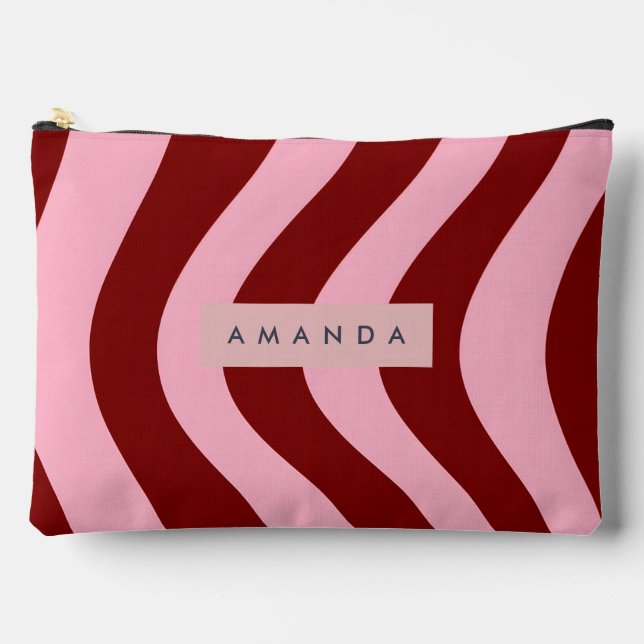 Personalized Cherry Red and Pink Wavy Stripe Accessory Pouch (Front)