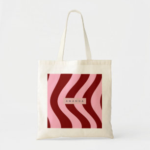Personalized Cherry Red and Pink Wavy Stripe Tote Bag