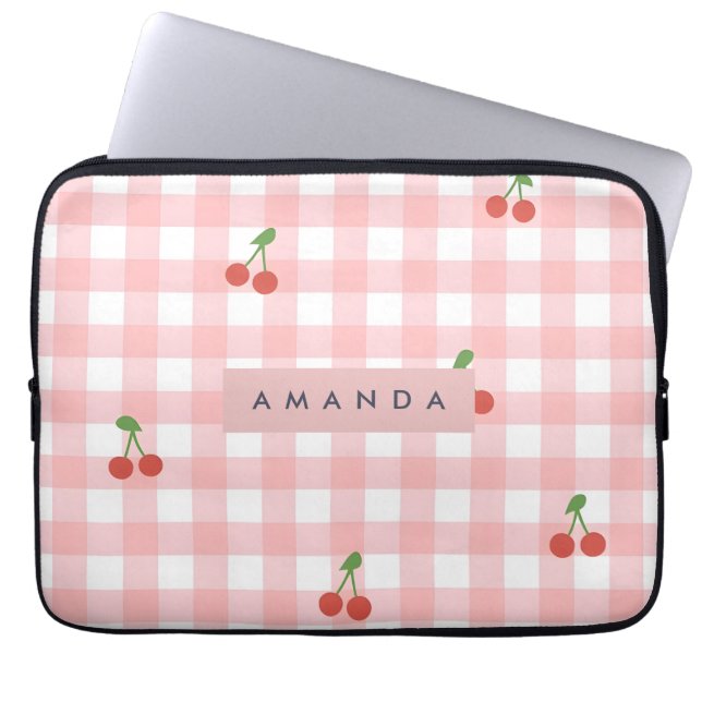 Personalized Chic Cherry Gingham Accessories Laptop Sleeve (Front)