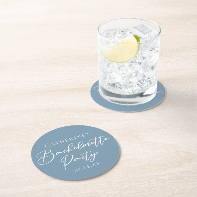 Personalized Chic Dusty Blue Bachelorette Party Round Paper Coaster (Insitu)
