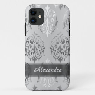 Personalized chic elegant silver gray damask iPhone 11 case