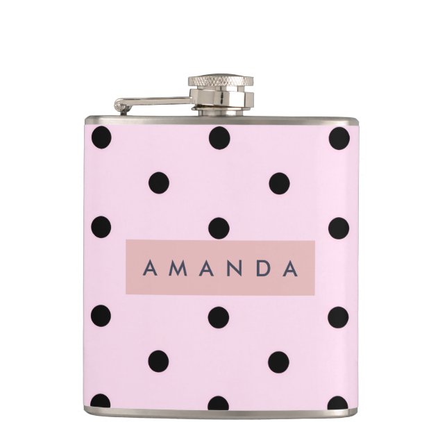 Personalized Chic Pink and Black Polka Dot Hip Flask (Front)