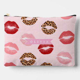 Personalized Chic Pink Leopart Print Lip Pattern Accessory Pouch