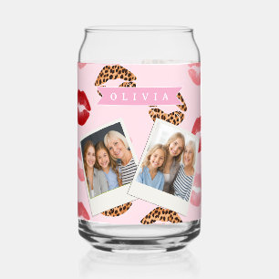 Personalized Chic Pink Leopart Print Lip Pattern Can Glass