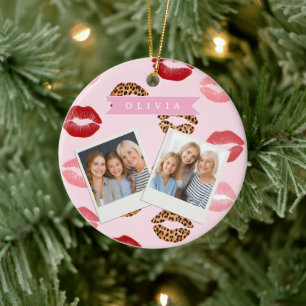 Personalized Chic Pink Leopart Print Lip Pattern Ceramic Tree Decoration