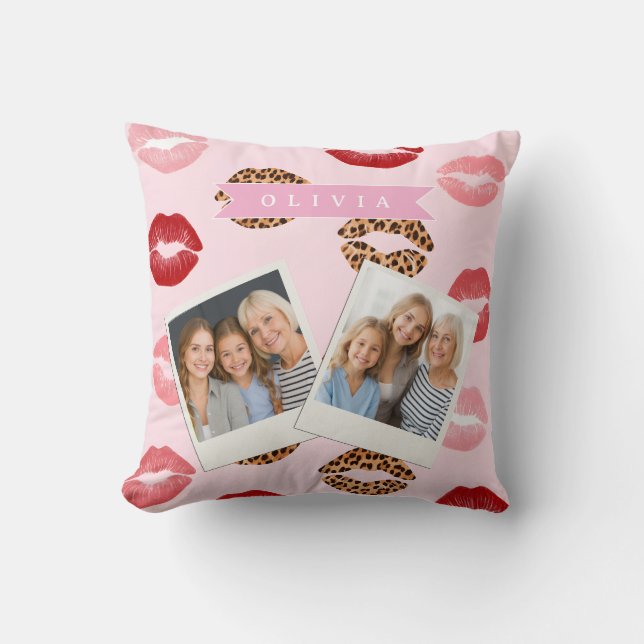 Personalized Chic Pink Leopart Print Lip Pattern Cushion (Front)
