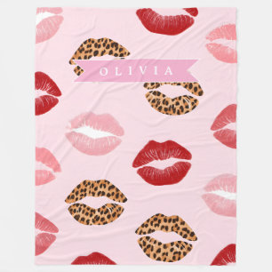 Personalized Chic Pink Leopart Print Lip Pattern Fleece Blanket