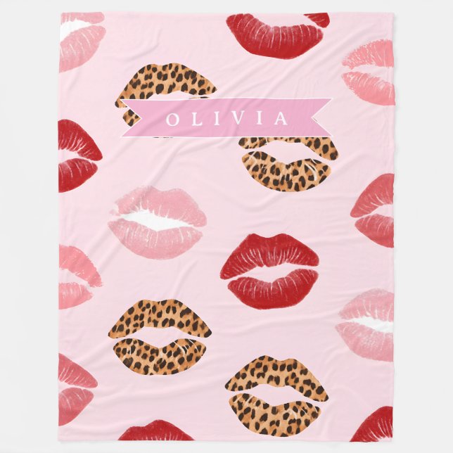 Personalized Chic Pink Leopart Print Lip Pattern Fleece Blanket (Front)