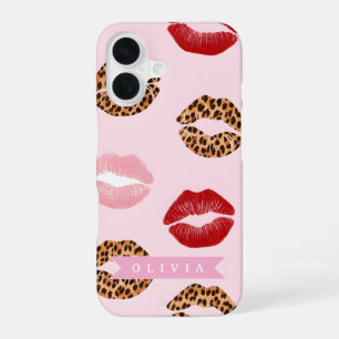 Personalized Chic Pink Leopart Print Lip Pattern iPhone 16 Case
