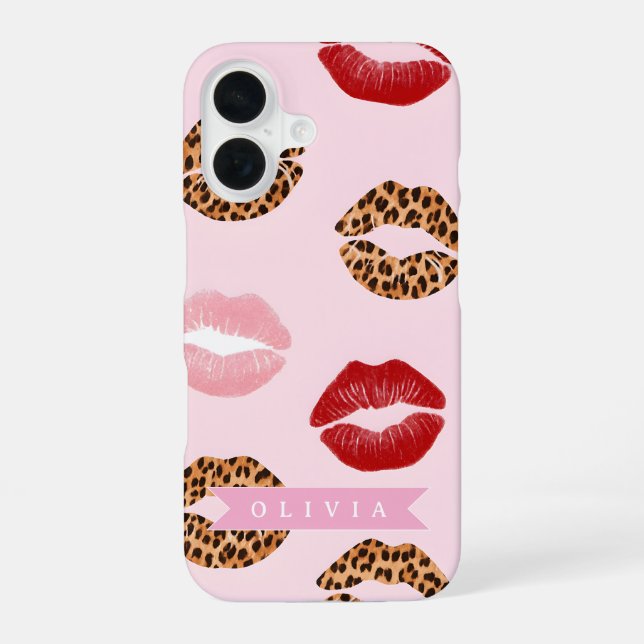 Personalized Chic Pink Leopart Print Lip Pattern iPhone 16 Case (Back)