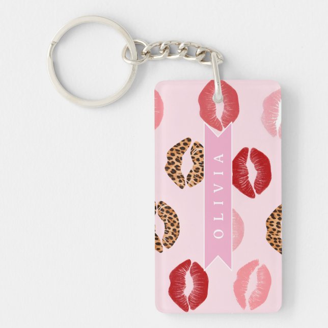 Personalized Chic Pink Leopart Print Lip Pattern Key Ring (Front)