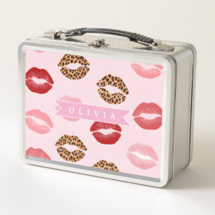 Personalized Chic Pink Leopart Print Lip Pattern Metal Lunch Box