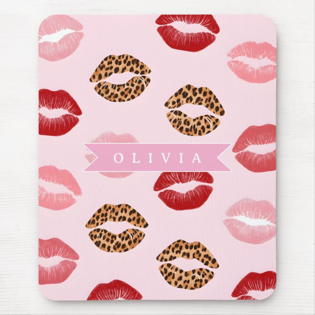 Personalized Chic Pink Leopart Print Lip Pattern Mouse Mat (Front)