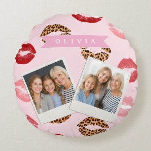Personalized Chic Pink Leopart Print Lip Pattern Round Cushion
