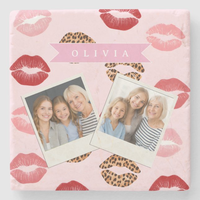 Personalized Chic Pink Leopart Print Lip Pattern Stone Coaster (Front)