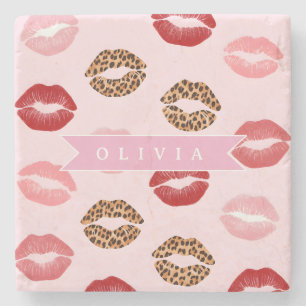 Personalized Chic Pink Leopart Print Lip Pattern Stone Coaster