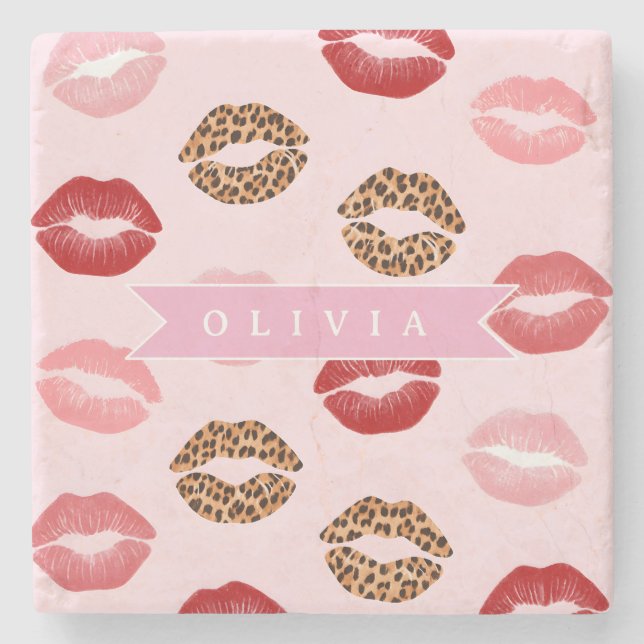 Personalized Chic Pink Leopart Print Lip Pattern Stone Coaster (Front)