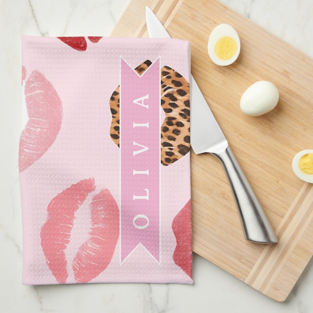 Personalized Chic Pink Leopart Print Lip Pattern Tea Towel (Quarter Fold)