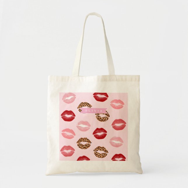 Personalized Chic Pink Leopart Print Lip Pattern Tote Bag (Front)
