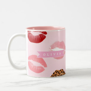 Personalized Chic Pink Leopart Print Lip Pattern Two-Tone Coffee Mug