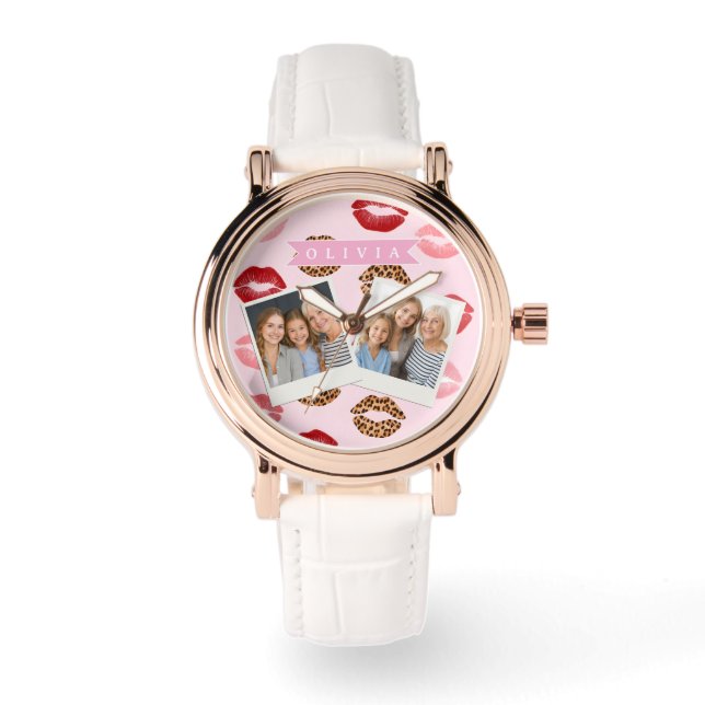 Personalized Chic Pink Leopart Print Lip Pattern Watch (Front)