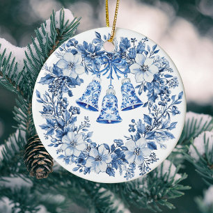 Personalized Chinoiserie Blue White Wreath Bells Ceramic Tree Decoration