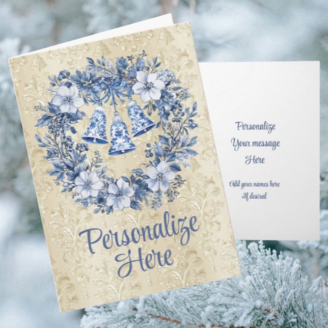 Personalized Chinoiserie Blue White Wreath Card (Personalize with your own message front ant inside!)