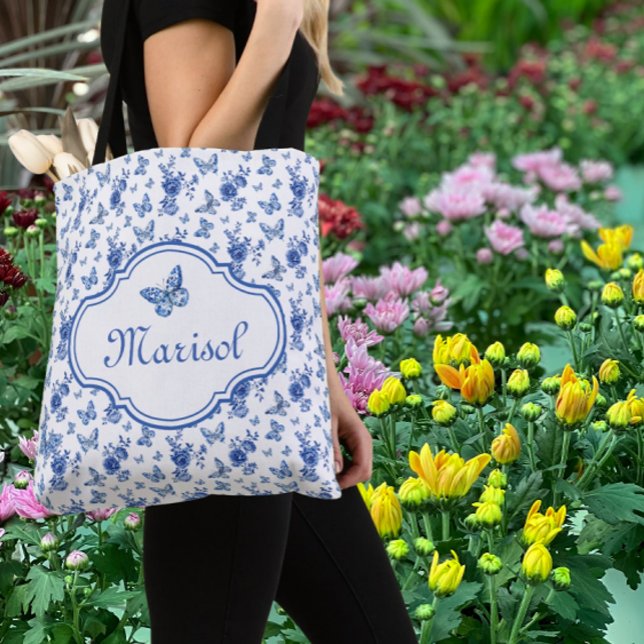 Personalized Chinoiserie Butterflies Flowers Tote Bag (Personalize for someone special!)