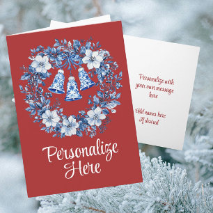 Personalized Chinoiserie Wreath Bells Holiday Card