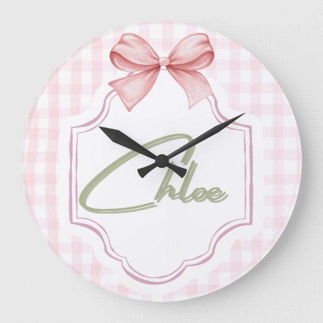 Personalized Chloe Baby Girl Nursery Bow&Gingham  Large Clock (Front)