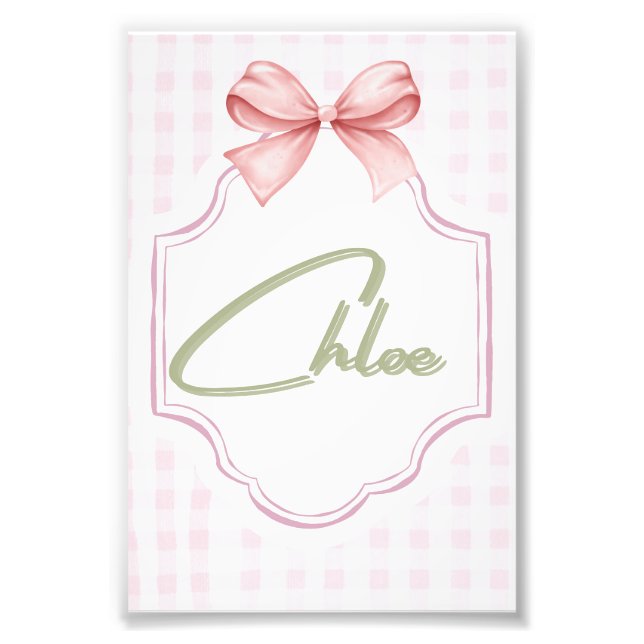 Personalized Chloe Baby Girl Nursery Bow&Gingham  Photo Print (Front)