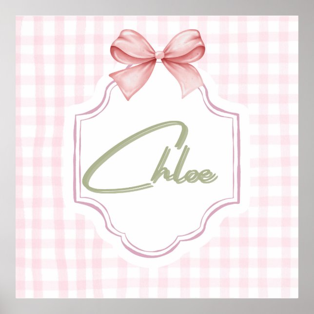Personalized Chloe Baby Girl Nursery Bow&Gingham  Poster (Front)