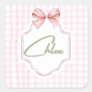 Personalized Chloe Baby Girl Nursery Bow&Gingham Square Sticker