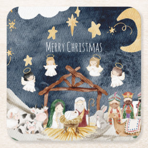 Personalized Christian Christmas Kids Nativity Square Paper Coaster
