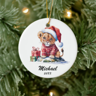 Personalized Christmas Baby lion with Santa Hat Ceramic Tree Decoration