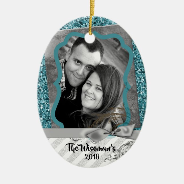 Personalized Christmas Blue Glitter PHOTO Ornament (Front)