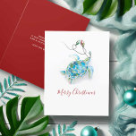 Personalized Christmas Cards No Photo Sea Turtle<br><div class="desc">Celebrate the season with personalized Christmas cards with no photo, perfect for bringing a touch of the tropics to your holiday greetings! This minimal Christmas card features my original watercolor tropical beach theme design: a charming sea turtle adorned with colorful Christmas lights, set against a crisp white background. The words...</div>