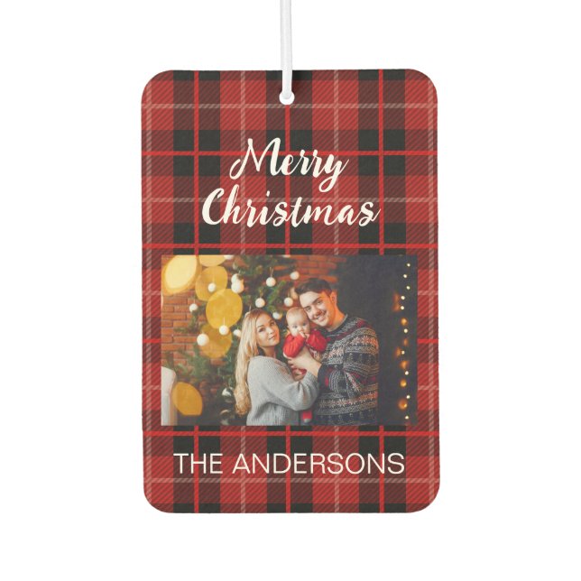 Personalized Christmas family photo red plaid  Car Air Freshener (Front)