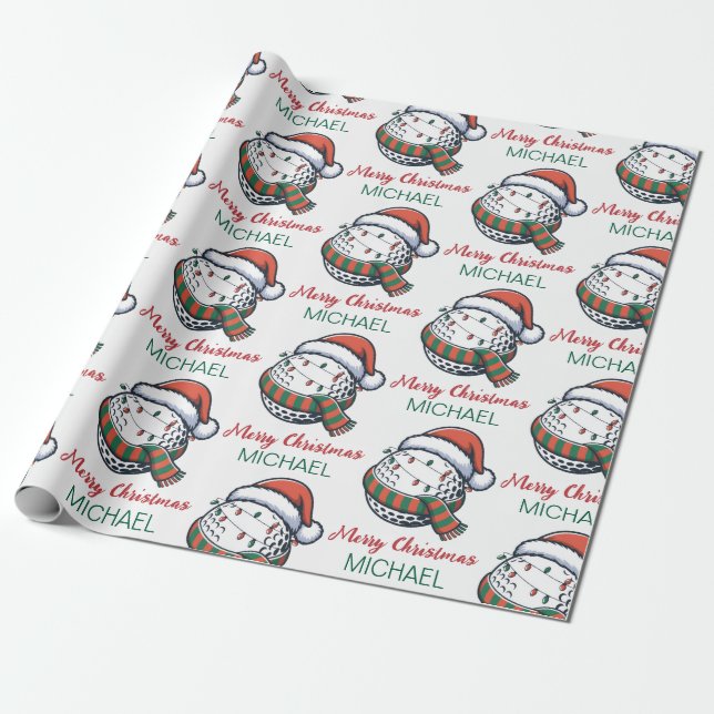 Personalized Christmas Golf Ball  With Santa Hat   Wrapping Paper (Unrolled)