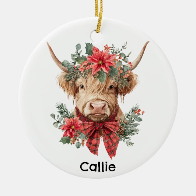 Personalized Christmas Highland Cow Ceramic Tree Decoration (Front)