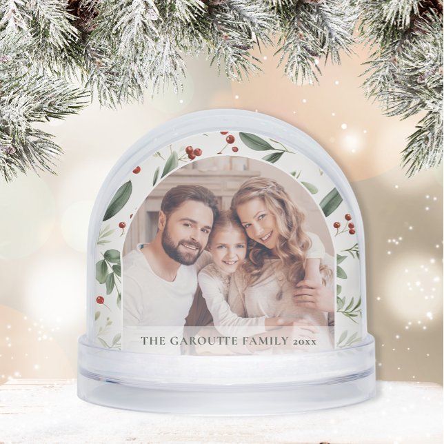 Personalized Christmas Holiday Greenery Photo Snowglobe (Personalized Christmas Holiday Greenery Photo Snow Globe)