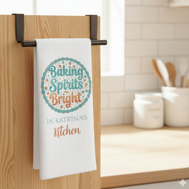 Personalized Christmas Kitchen Towels (Celebrate the holiday this season with this fun personalized, "Baking Spirits Bright" kitchen towel!)