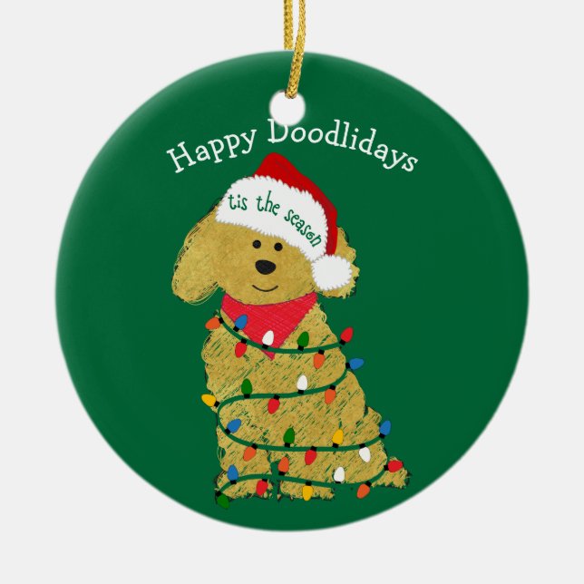 Personalized Christmas Lights Goldendoodle Green Ceramic Tree Decoration (Front)