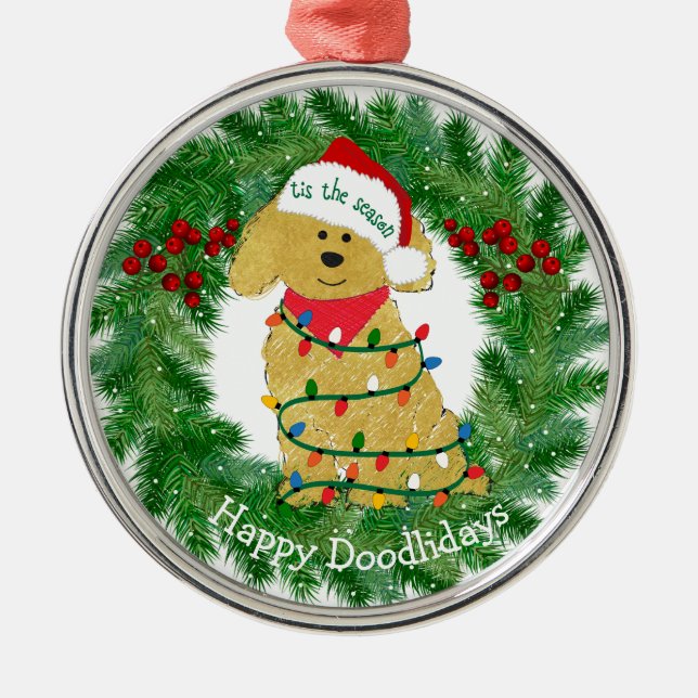 Personalized Christmas Lights Goldendoodle Metal Tree Decoration (Front)