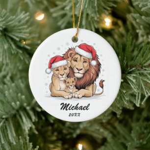 Personalized Christmas lion family with Santa Hat Ceramic Tree Decoration